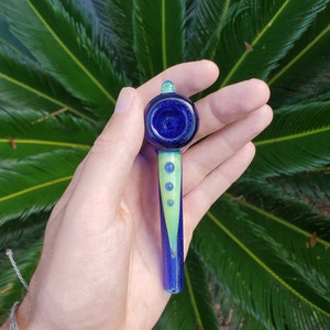 Dichro Dichroic Unique Heady Horned Glass Poker Pipe Blue Dichro Over Cobalt Blue with Green Slime Accents image 3