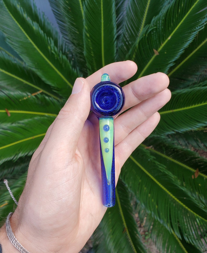 Dichro Dichroic Unique Heady Horned Glass Poker Pipe Blue Dichro Over Cobalt Blue with Green Slime Accents image 3