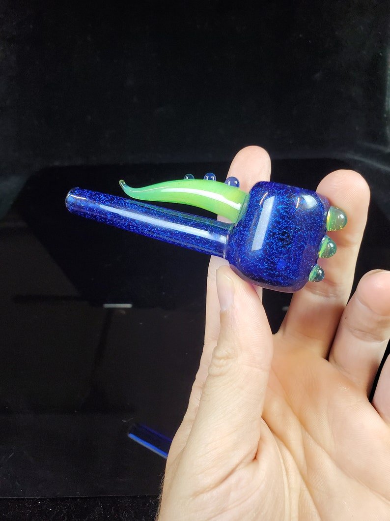 Dichro Dichroic Unique Heady Horned Glass Poker Pipe Blue Dichro Over Cobalt Blue with Green Slime Accents image 5