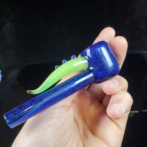 Dichro Dichroic Unique Heady Horned Glass Poker Pipe Blue Dichro Over Cobalt Blue with Green Slime Accents image 4
