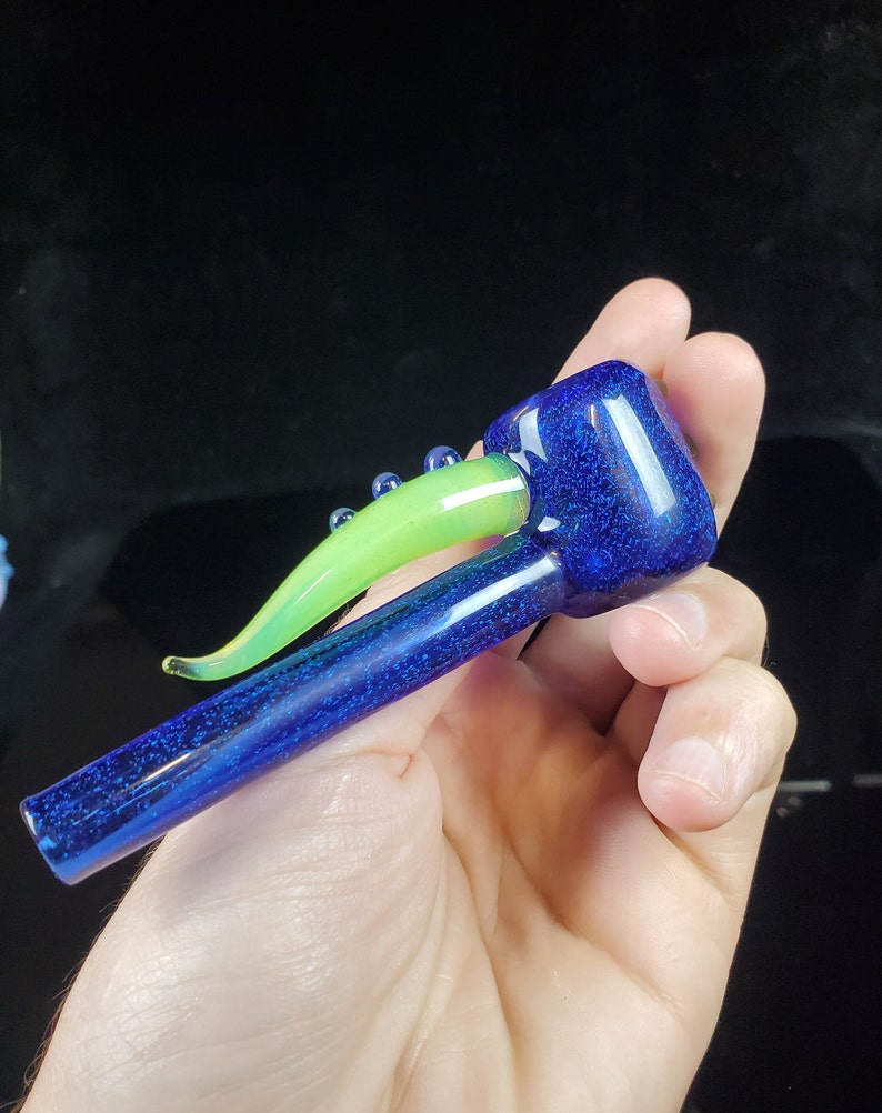 Dichro Dichroic Unique Heady Horned Glass Poker Pipe Blue Dichro Over Cobalt Blue with Green Slime Accents image 4