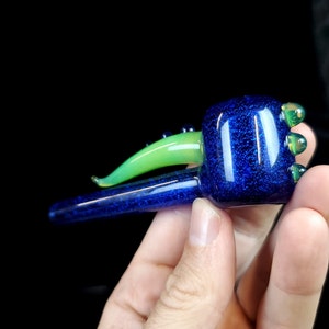 Dichro Dichroic Unique Heady Horned Glass Poker Pipe Blue Dichro Over Cobalt Blue with Green Slime Accents image 6