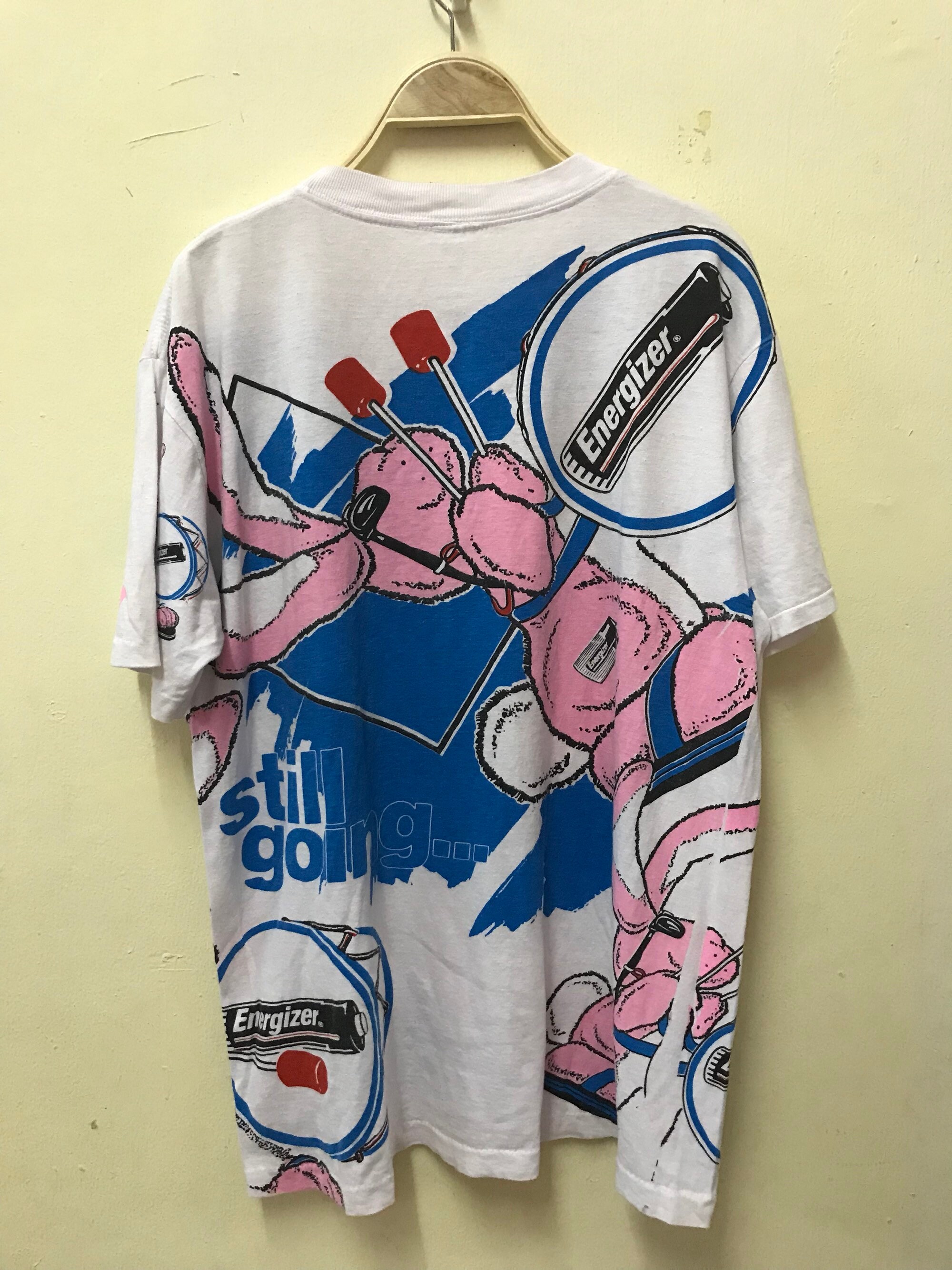 Vintage Energizer All Overprint Logo Shirt Eveready Battery Company One