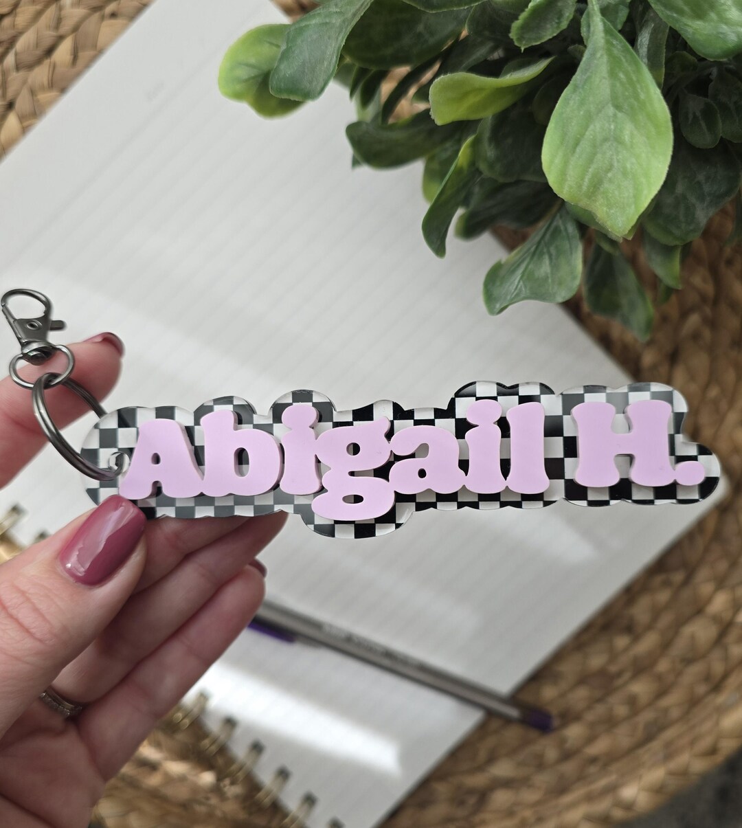 Personalized Checkered Name Keychain | Keyring With Clasp ...