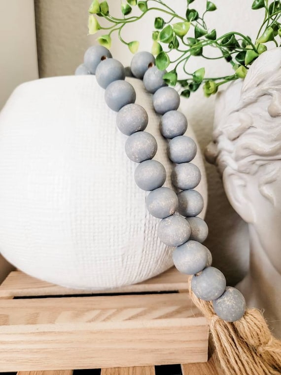 Worn Gray Handpainted Wood Bead Garland Boho Beads Farmhouse