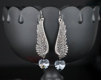 Silver Angle Wing Earrings, Crystal Heart Jewelry, Statement Dangle Earrings, Steampunk Winged Earrings, Valentine's Day Gift, Mother's Day