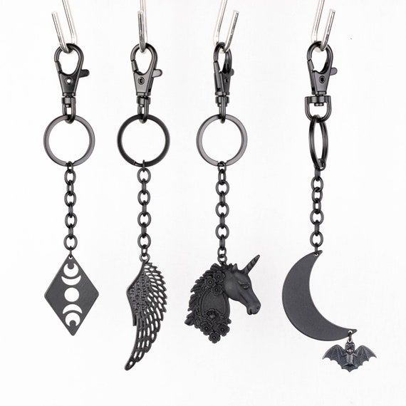 Matte Black Keychain, Gothic Key Chain, Bat Keyring, Witchy Key Fob,  Fantasy Key Holder, Unicorn Bag Charm, Celestial Gift for Friend 