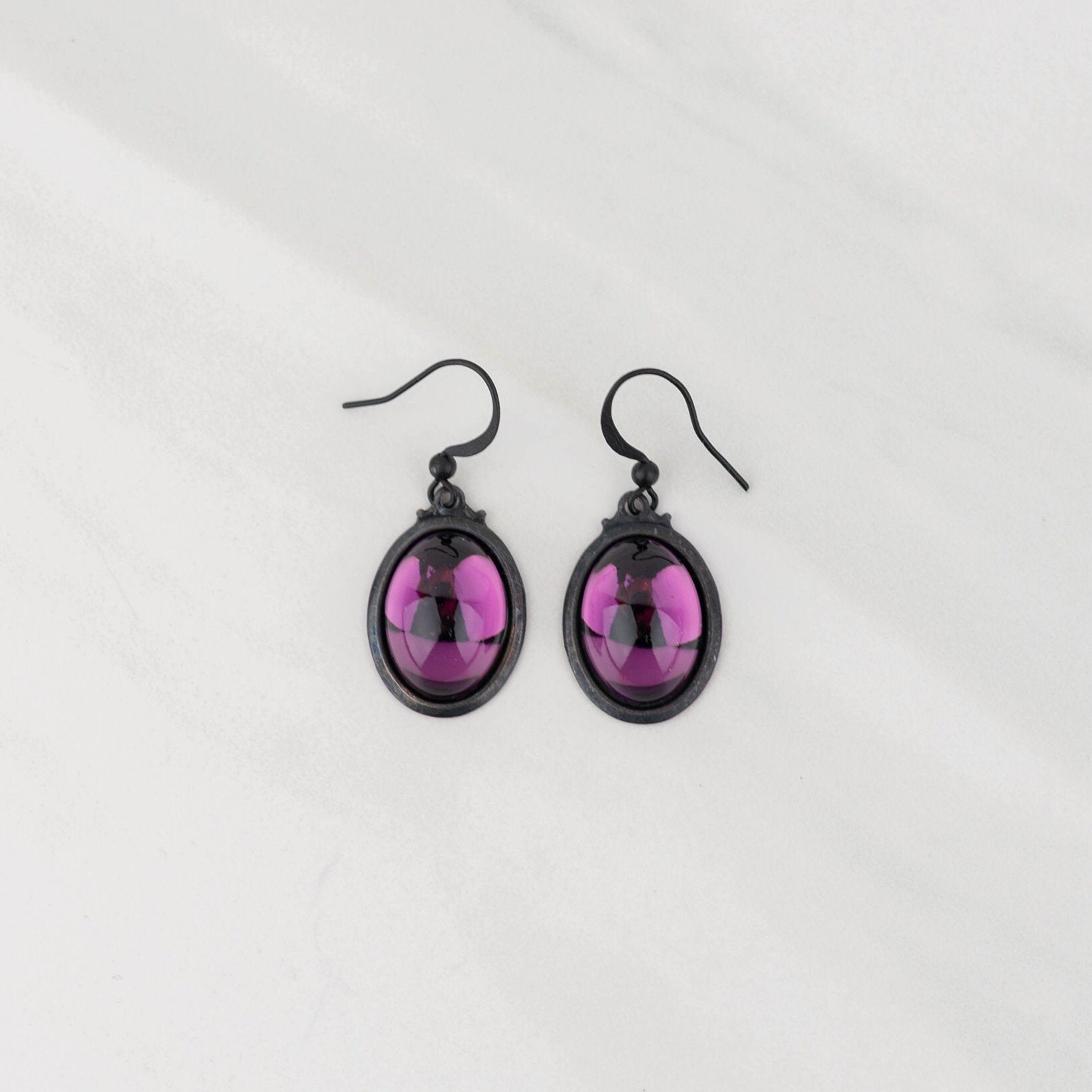 Purple & Black Drop Earrings Vintage Swarovski Glass Cabochon Etsy