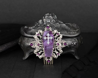 Purple Coffin Hair Comb, Victorian Gothic Hair Jewelry, Halloween Hair Accessory, Goth Gothic Bride