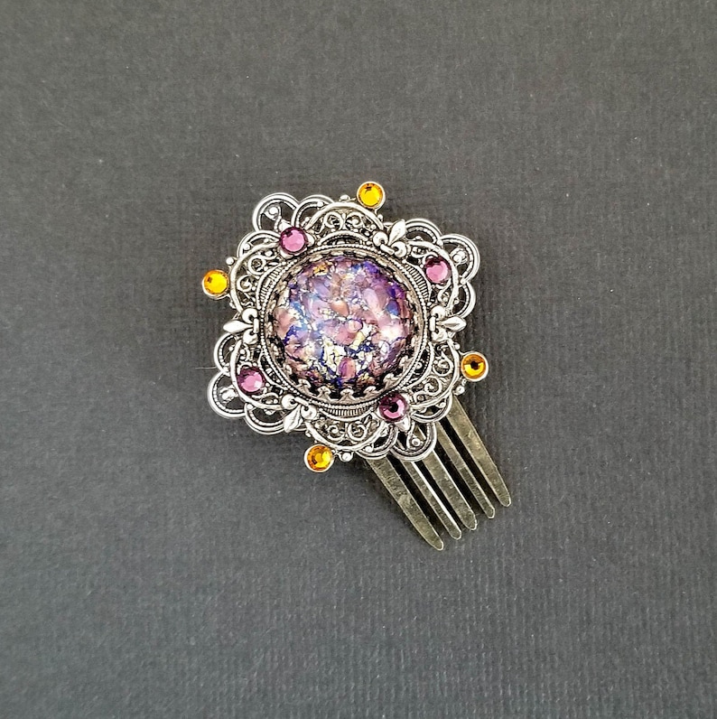 Jeweled Silver Filigree Hair Pin Purple Topaz Statement Hair Comb Women Birthday Gift Victorian Style Bridal Hair Piece Gift under 75
