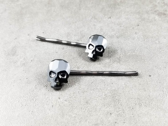 Hematite Swarovski Crystal Skull Hair Pins Skull Bobby Pins Etsy