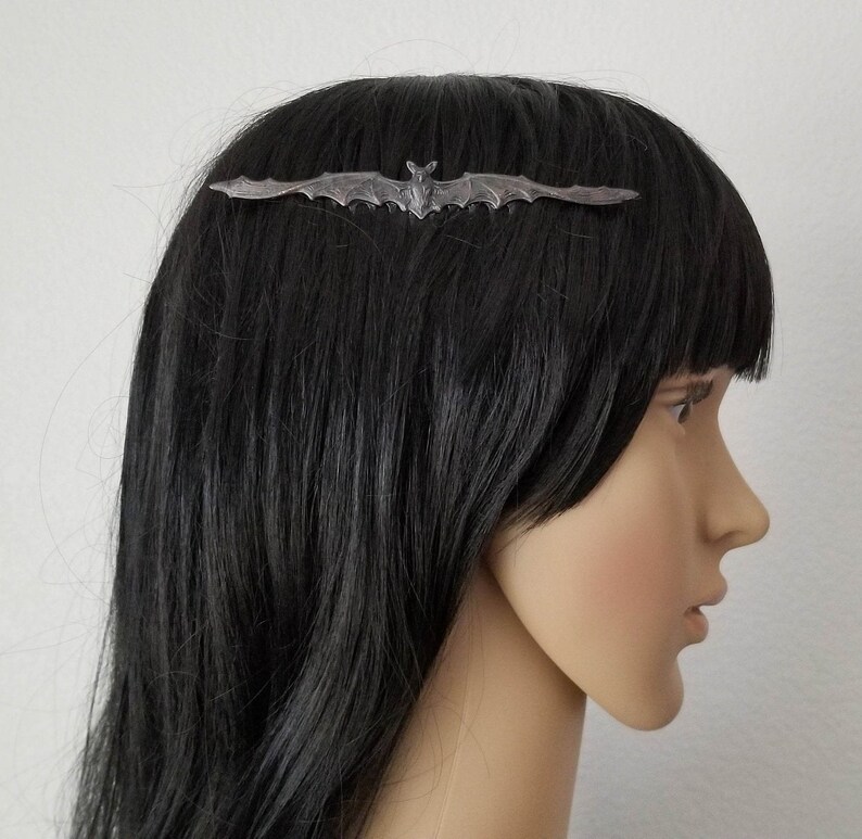 Flying Black Silver Bat Hair Comb, Flying Fox Hair Jewelry, Goth Gothic Bride, Birthday Gift for Teen Tween Girl, Vampire Bat Lover Gift image 2