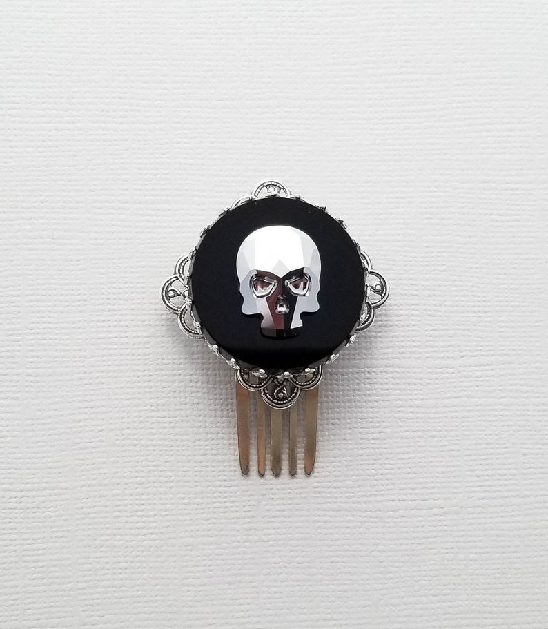 Silver Crystal Skull Hair Comb Black Silver Filigree Hair Etsy