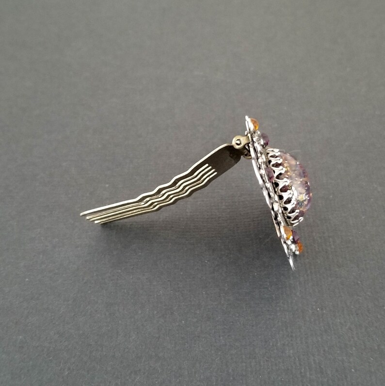 Jeweled Silver Filigree Hair Pin Purple Topaz Statement Hair Comb Women Birthday Gift Victorian Style Bridal Hair Piece Gift under 75