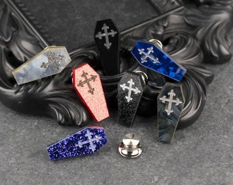 Creepy Cute Coffin Brooch with Engraved Gothic Cross