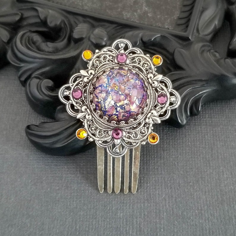 Jeweled Silver Filigree Hair Pin Purple Topaz Statement Hair Comb Women Birthday Gift Victorian Style Bridal Hair Piece Gift under 75