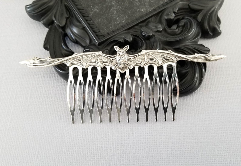 Flying Black Silver Bat Hair Comb, Flying Fox Hair Jewelry, Goth Gothic Bride, Birthday Gift for Teen Tween Girl, Vampire Bat Lover Gift image 4