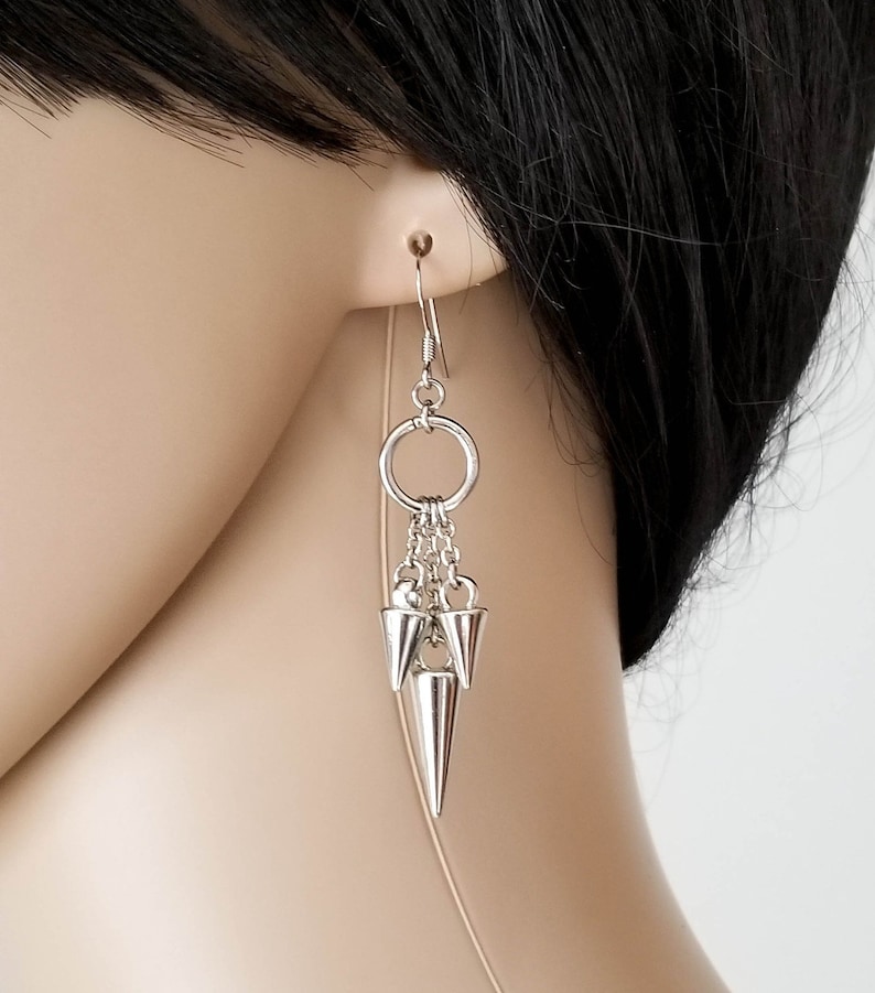 Chain Earrings Gunmetal Earrings Long Earrings Spike Earrings Edgy Jewelry Spike Jewelry Dangle Earrings with Spike Drop Earrings