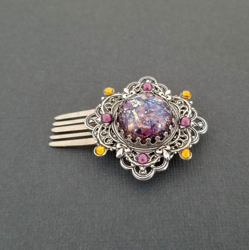 Jeweled Silver Filigree Hair Pin Purple Topaz Statement Hair Comb Women Birthday Gift Victorian Style Bridal Hair Piece Gift under 75
