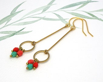 Earrings three beads red turquoise long brass