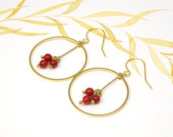 Gold plated earrings three coral beads