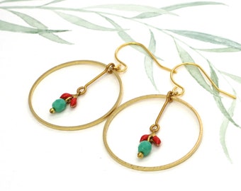 Earrings large circle brass with red leaves and turquoise pearl + other colors