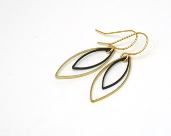 Earrings delicate double leaf brass with black