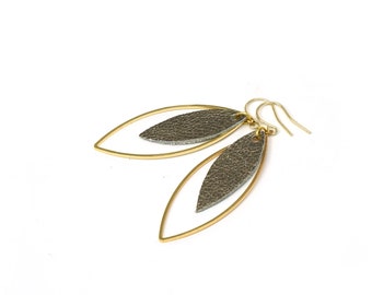 Gold plated earrings with leather leaf silver metallic