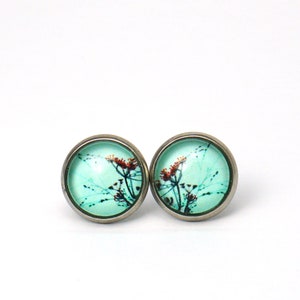 Studs stainless steel delicate grasses, turquoise PHOTO