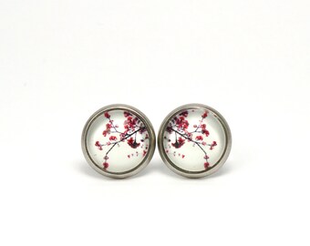 Studs stainless steel red flower branch PHOTO