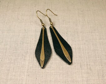 Earrings Pendulum Black Leather, Brass