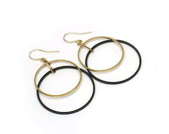 Earrings two large circles brass black