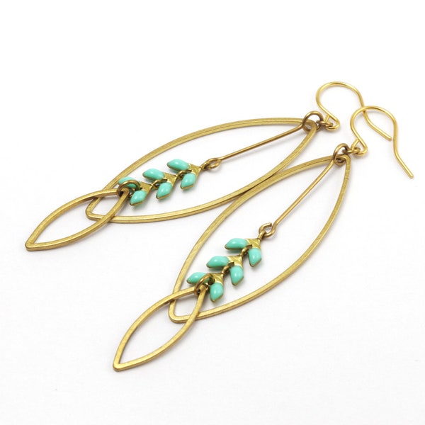 Earrings double leaf with mint brass