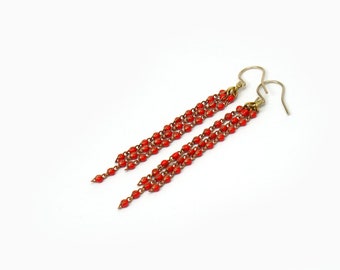 long earrings three strands red brass