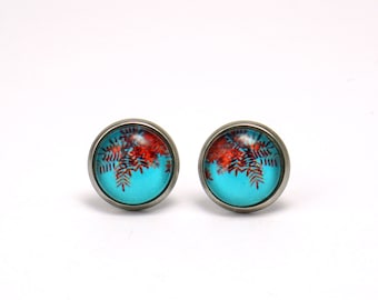 Studs Stainless Steel Leaves Robinie PHOTO Turquoise Red