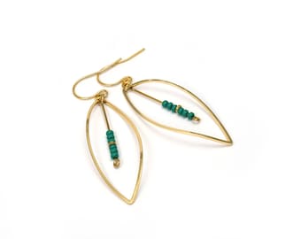 Gold plated earrings swing green beaded stick
