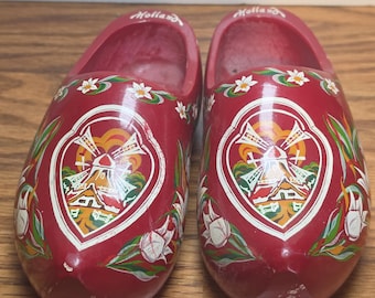 Hand Painted Dutch Wood Clogs - Red Floral Klompen Shoes - Traditional Holland Folk Art Decor - Small Wooden Shoes