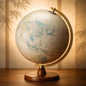 May include: A vintage-style globe with a cream-colored surface, displaying geographical details in various colors. The globe is mounted on a dark wooden base with a brass meridian and a gold-colored arm. The background features a warm, neutral tone with shadows.