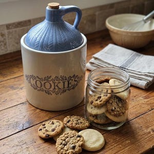 Cookie Jar, Monmouth Pottery Blue Banded Stoneware  Embossed Maple Leaf Mark, Primitive Kitchen Decor