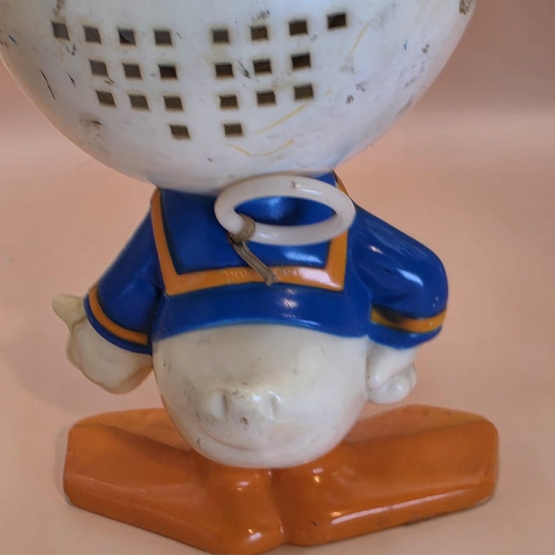 May include: A vintage Donald Duck figurine, featuring a white head with a perforated mask, a blue jacket with orange trim, a white belly, and orange feet. The figurine has a white ring attached to the back.