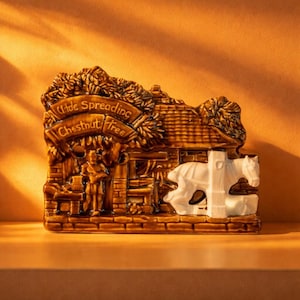 May include: A brown ceramic decorative piece featuring a pub scene with a horse and the text "Little Spreading Chestnut Tree". The piece has a detailed design with a textured finish.