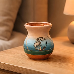 May include: A small, hand-painted ceramic vase with a Native American profile design. The vase features a light brown rim, a blue and green band, and a reddish-brown base. The design includes a profile of a person with a feathered headdress.