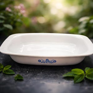 May include: A white rectangular baking dish with rounded corners. The dish has a blue floral pattern on the side. The dish is empty and sits on a dark surface with green leaves in the foreground. The background is blurred.