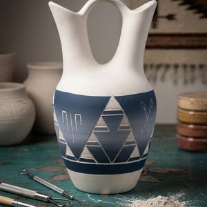 May include: A white ceramic vase with a blue geometric design. The vase has a handle and a wide opening. The blue design features triangles and lines. The vase is on a teal surface.