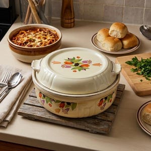 May include: A round, cream-colored ceramic casserole dish with a matching lid, featuring a colorful floral pattern of tulips and leaves. The dish has two side handles and is decorated with a repeating botanical motif around the exterior base.