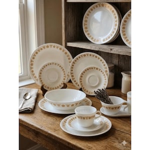 May include: A collection of white ceramic dinnerware with a gold floral pattern. The set includes plates, bowls, saucers, and cups, arranged on a wooden table. A linen napkin and spoon are also visible.