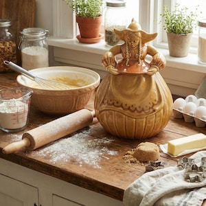May include: A kitchen scene with baking supplies. A ceramic cookie jar in the shape of a woman stands on a wooden countertop. A rolling pin, mixing bowl, measuring cup, and ingredients are also present. The scene is lit by natural light.