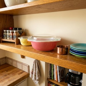 May include: A wooden kitchen shelf is filled with various items. A red bowl with a glass lid and a yellow bowl are present. A copper measuring cup and a stack of colourful plates are also visible. Spices in glass jars are arranged on a wooden rack.