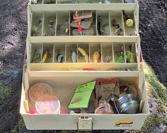 Fishing Gear Collection Tackle Box with 35+ Pieces, Loaded Vintage.