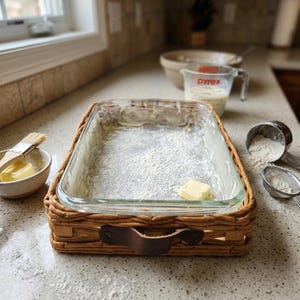 May include: A rectangular glass baking dish with a woven wicker base and leather handles, dusted with flour. A small bowl with a brush and butter, a measuring cup, and measuring spoons with flour are nearby, suggesting baking.
